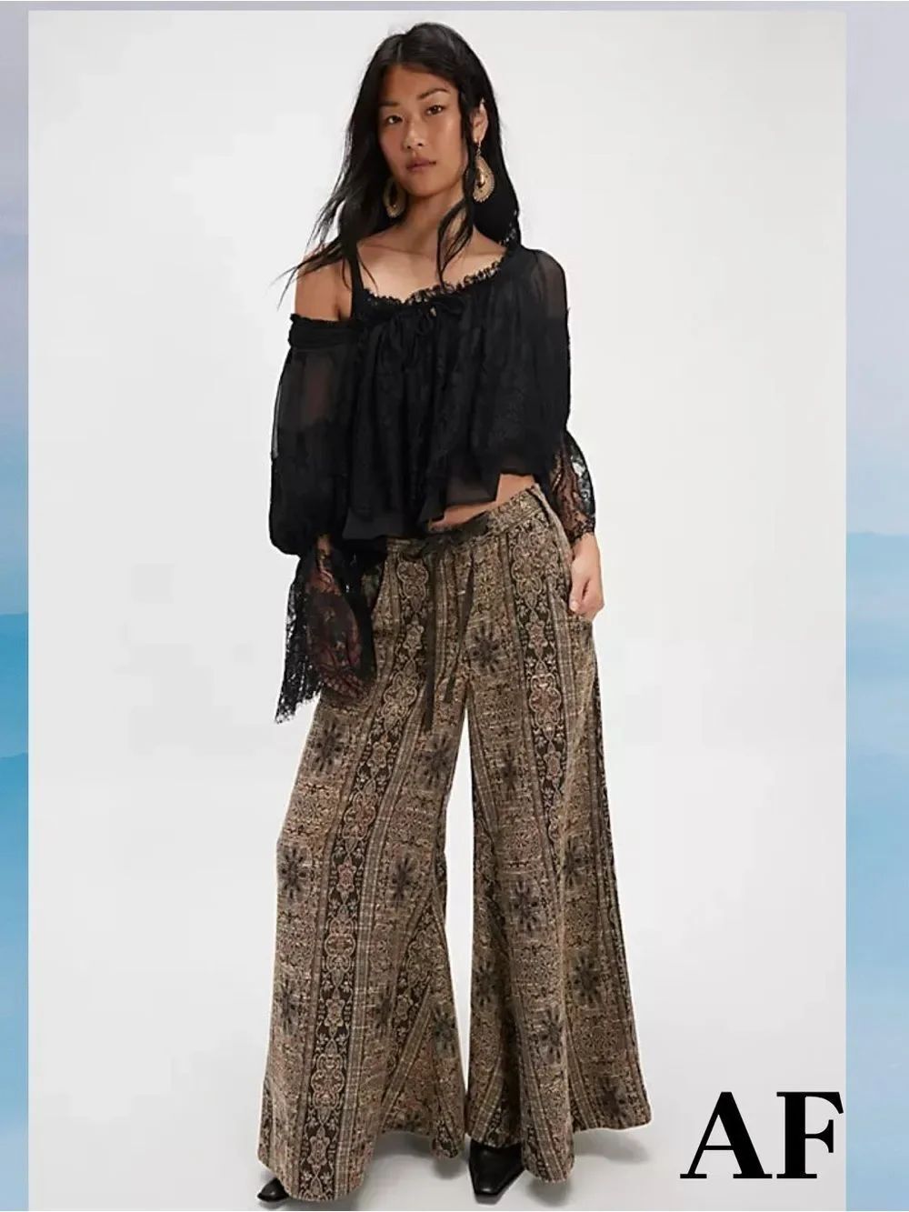 Free People Dahlia Wide-Leg Printed Palazzo Pants in Brown Size 12 New